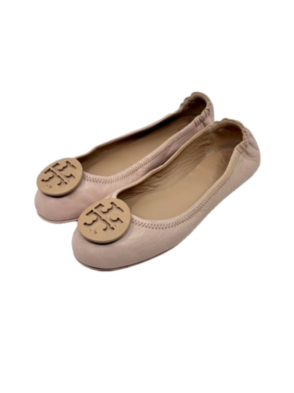 TORY BURCH~Minnie~TRAVEL BALLET FLAT~REVA LOGO NUDE PINK NAPA LEATHER Size 8.5